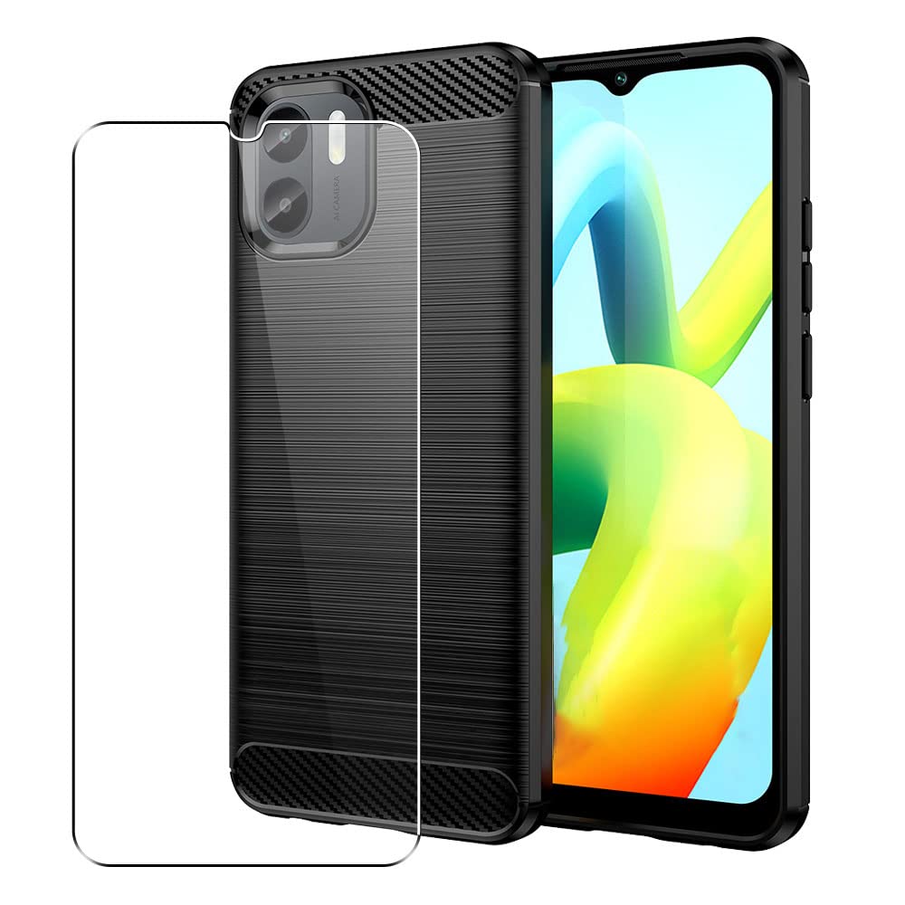 SDTEK Case Compatible with Xiaomi Redmi A1, Full Body Front and Back 360 Protection Carbon Fibre Phone Cover with Tempered Glass Screen Protector