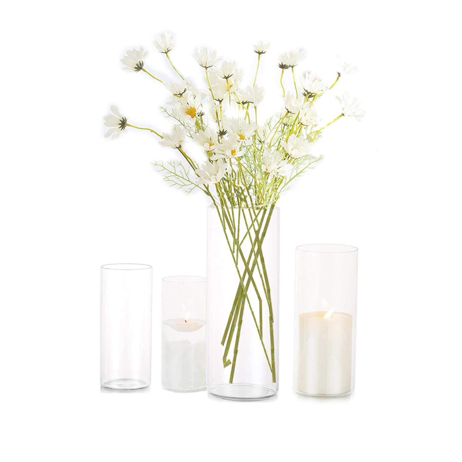 EylKoi Cylinder Vase Bulk Clear - Cylinder Vases for Centerpieces 4Pcs/Set Hurricane Floating Candle Holder, Glass Vases for Flowers, Decorative Centerpiece for Home Wedding, 10+15+20+25cm(High)