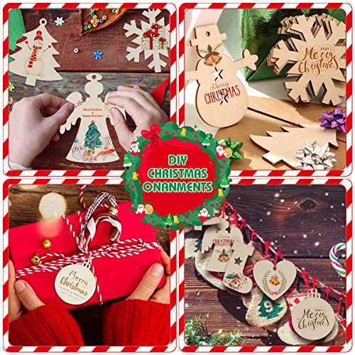 LovesTown 60 Pcs Unfinished Christmas Wooden Ornaments, Unpainted Christmas Ornaments 12 Styles Craft Wood Kit with 60 Pcs Colored Jingle Bells DIY Christmas Ornaments for Holiday Decoration