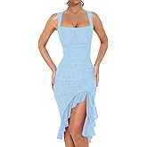 BORIFLORS Women's Sexy Ruched Bodycon Midi Dresses Square Neck Sleeveless Ruffle Hem Club Party Tank Dress