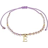 Agriajun Purple Gold Beaded Natural Stone Initial Bracelets for Women, Boho Handmade Personalized Gemstone Beads Letter Name Braided Rope Adjustable Bracelet Bohemian Jewelry Gift