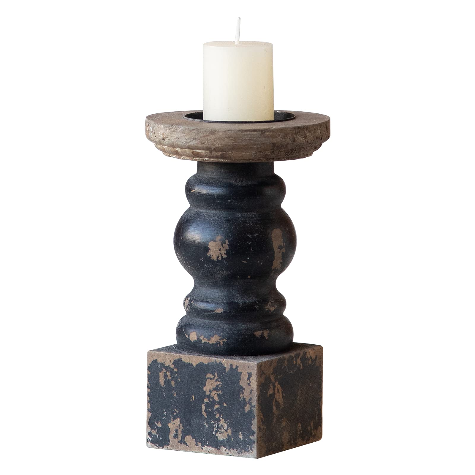 Photo 1 of Wooden Black Candle Holder, Decorative Candle Holders for Table, Rustic Pillar Candle Holder, Table Centerpieces for Dining Room, Shabby Chic Candlestick, Home Decor (3.9" x 3.9" x 7.1")