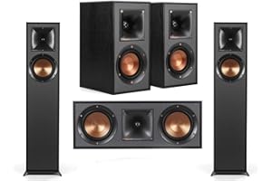 Klipsch Reference R-610F 5.0 Home Theater Pack, 2X R-610F Floorstanding Speakers + Pair, R-41M Bookshelf Home Speakers, R-52C Center Channel Home Speaker, Black