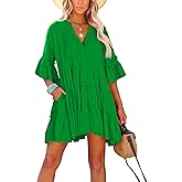 KAOLFY Womens Casual Summer Dress 2023 V Neck Bell Sleeve Mini Loose Flowy Swing Shift Beach Dresses