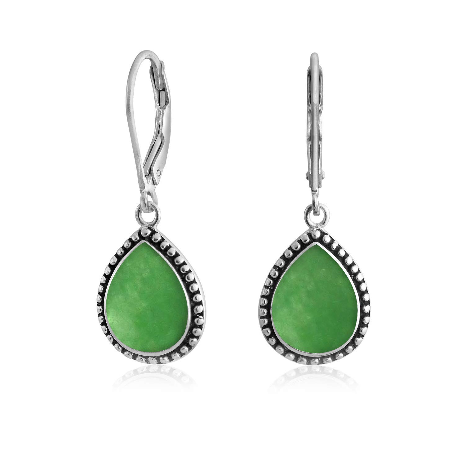 Boho Western Style Green Dyed Jade Semi Precious Pear Shaped Teardrop Lever Back Dangle Drop Earrings For Women Teen Oxidized .925 Sterling Silver — image 1