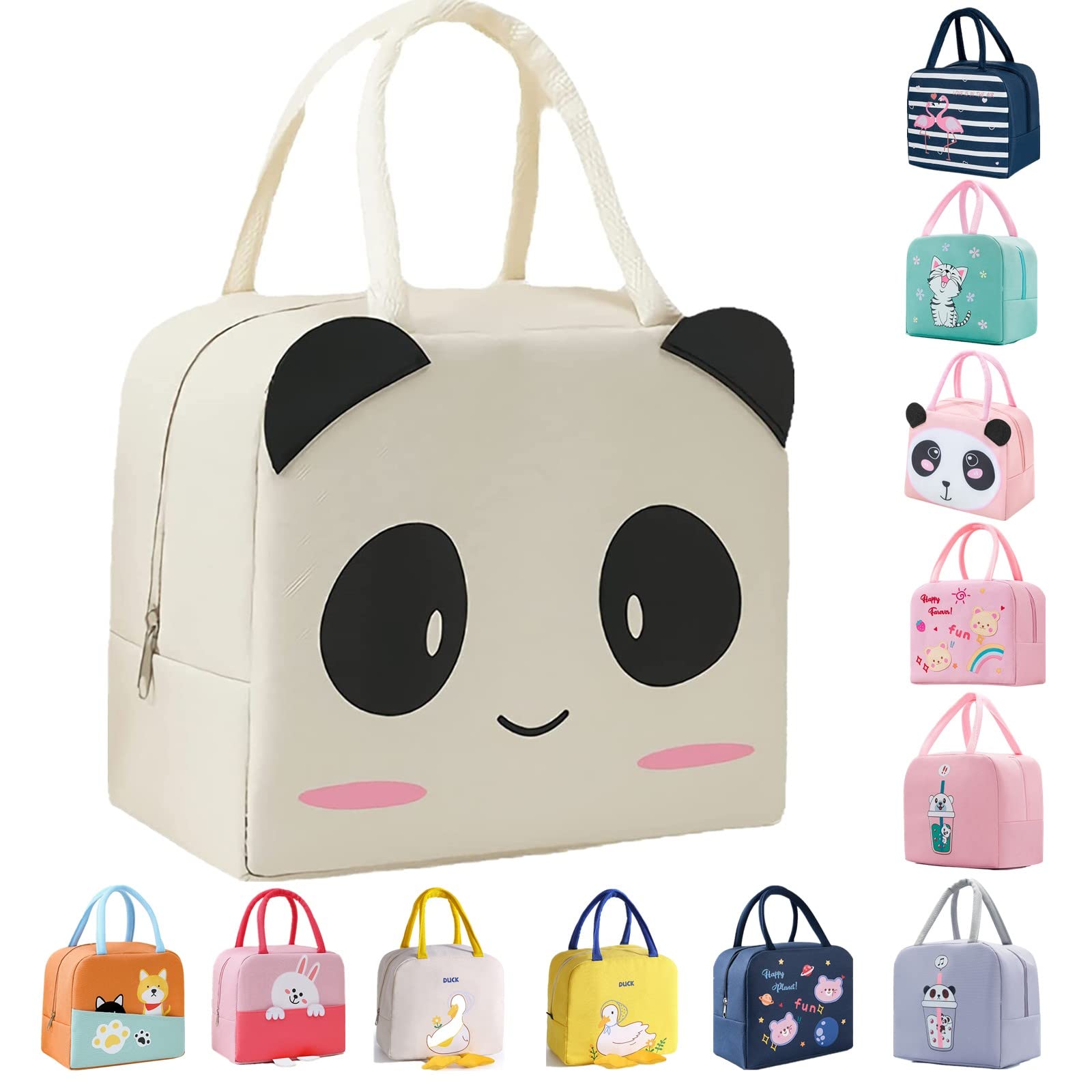 WUWYOUWL Lunch Bag,Cute Carton Insulated Lunch Box,Reusable Lunch Cooler Bags,Waterproof Lunchbag, Foldable Lunch Bag for Women, Men, Kids and Students Travel Picnic School (Panda White)