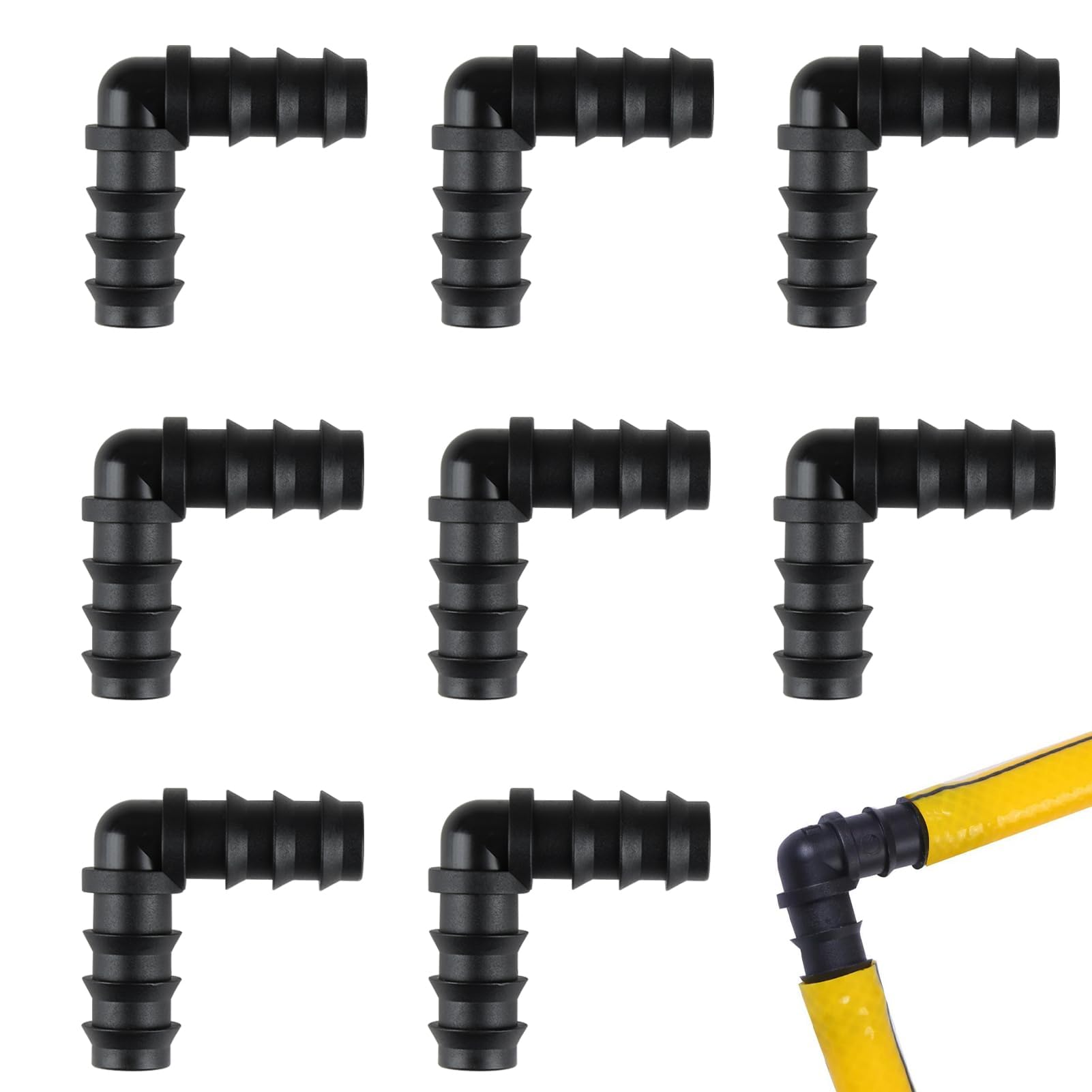 tinshow 8 Pack 13mm (1/2 Inch) Barbed Garden Hose Connectors, Drip Irrigation Fittings Connectors Durable Plastic 90° Elbow Pipe Fittings for Drip Irrigation Systems and Water Pipe Joints, Black