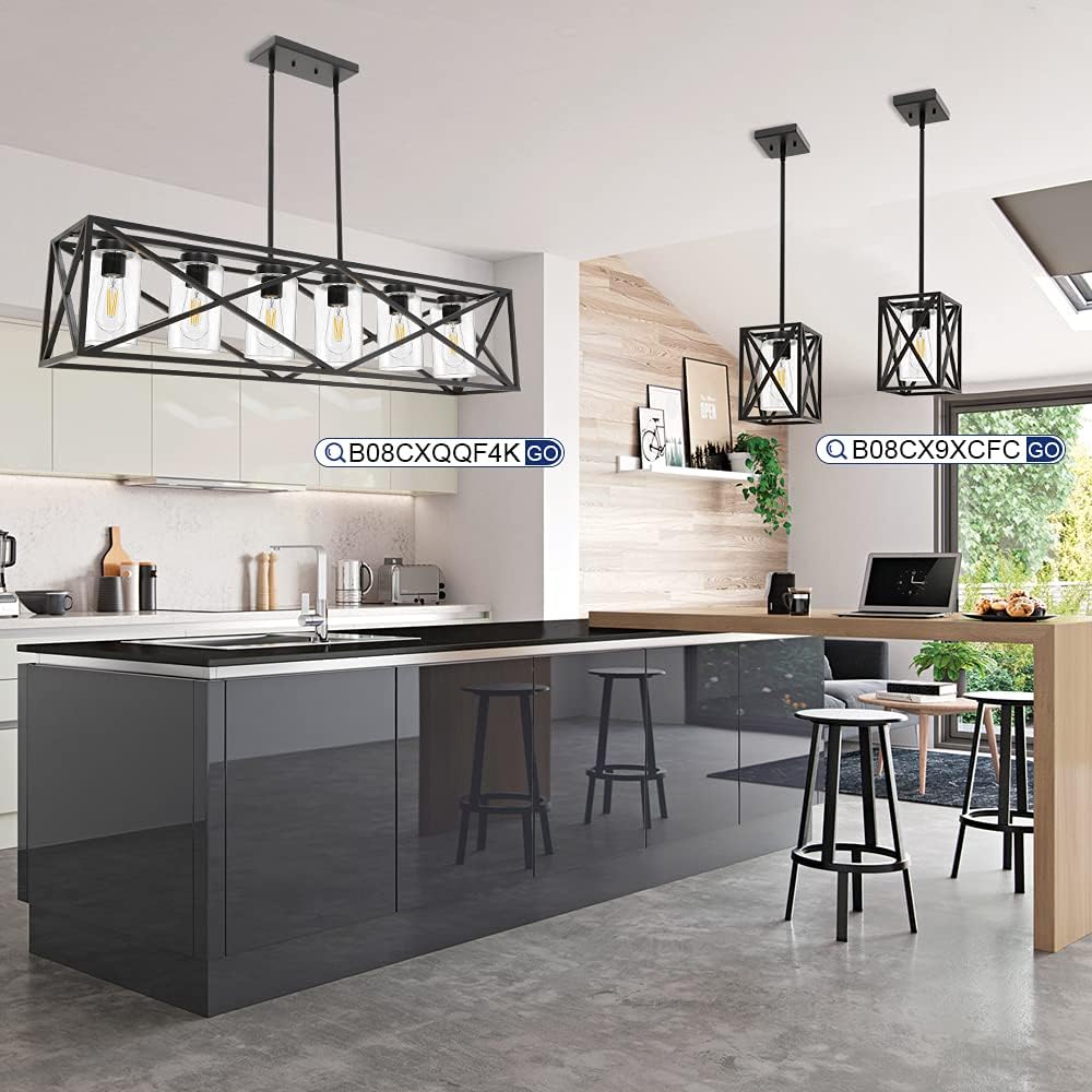 TODOLUZ 6-Lights Farmhouse Chandelier Black Dining Room Light Fixtures, 45.28" Contemporary Rectangle Kitchen Island Lighting with Clear Glass Shade: Home Improvement