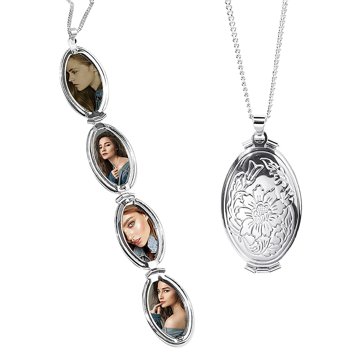 TOFBS Personalized Photo Image Locket Memory Pendant Round Flower Locket Necklace That Holds Picture Custom Necklace Gifts for Women Mom Girldfriend Wife (Silver*4 photo)