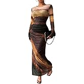 LIGHT DOT Women's Printed Bodycon Maxi Dress Long Sleeve Tie Dye Mesh Ruched Cocktail Dress