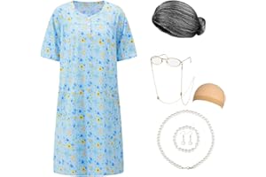 JOIZOMOU Old Lady Costume for Women Granny Costume Kit with Old Lady Nightgown Wig Grandma Costume Halloween Outfits