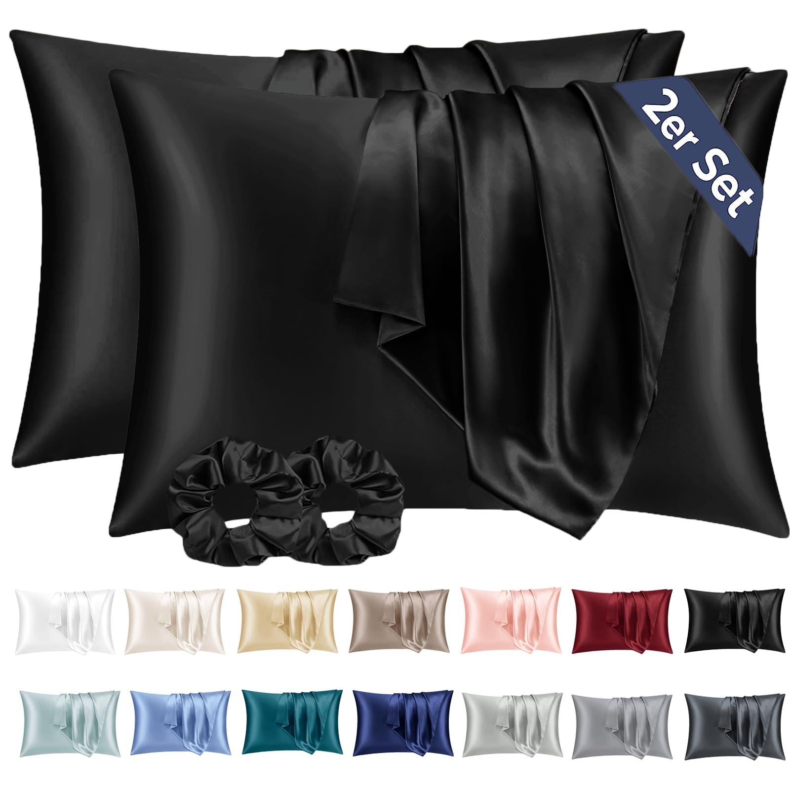 Vielit 2 Pack Satin Pillowcase for Hair and Skin,Soft as Silk Pillowcases for Hair and Skin,Easier Care than Silk Pillow Case Black Pillowcases for 40x60cm Pillow Envelope & 2 Scrunchies