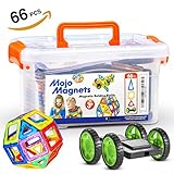 MOJO MAGS - Magnetic Blocks 66 PCS - Magnetic Tiles / Building Toys for Kids or Toddlers - Packed in a Plastic Box - Includes Booklet and Pair of Wheels