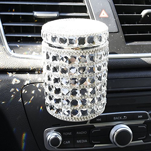 Follicomfy Bling Travel Crystal Diamond Auto Car Cigarette Ashtray Ash with Blue LED Light Smokeless Stand Cylinder Cup Holder,Silver