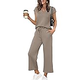Saloogoe Two Piece Sets for Women Summer Outfits Lounge Sets V Neck Tops Wide Leg Pants Woman Vacation Travel Outfits