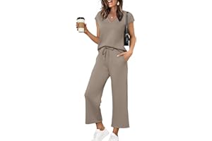 Saloogoe Two Piece Sets for Women Summer Outfits Lounge Sets V Neck Tops Wide Leg Pants Woman Vacation Travel Outfits