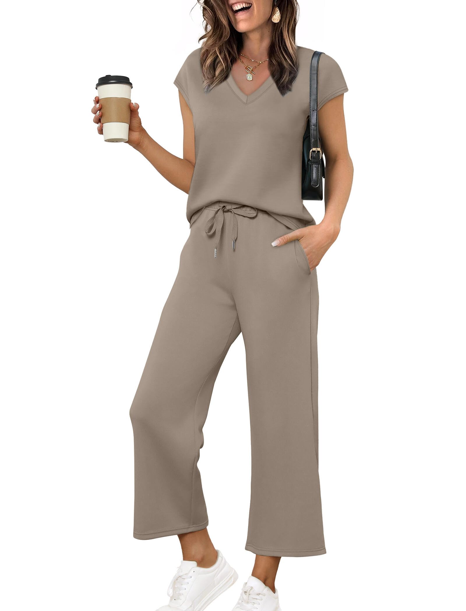 Photo 1 of Two Piece Set for Women Spring Outfits 2025 Vacation Trendy Lounge Sets Cap Sleeve Matching Sets Women Clothing Wide Leg Crop Pants Set Travel Airport Sweat Set Brown XL