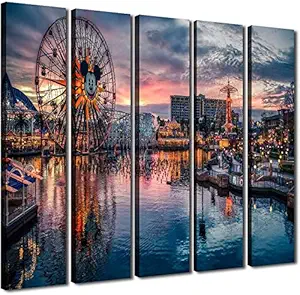 Disney Home Decor 5 Pcs/Sets Large Canvas Wall Art Paintings Disneyland Mickey Ferris Wheel Prints Pictures Living Room Modern Cityscape Decoration Contemporary Artwork for Apartment Office -12 x 32