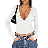 Tankaneo Women's Deep V Neck T Shirts Sexy Long Sleeve Casual Going Out Cropped Tops Slim Fitted Y2K Outfits