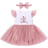 ODASDO Baby Girl First Birthday Cake Smash Outfit Ruffle Sleeve Tulle Tutu Princess Romper Dress with Bowknot Headband