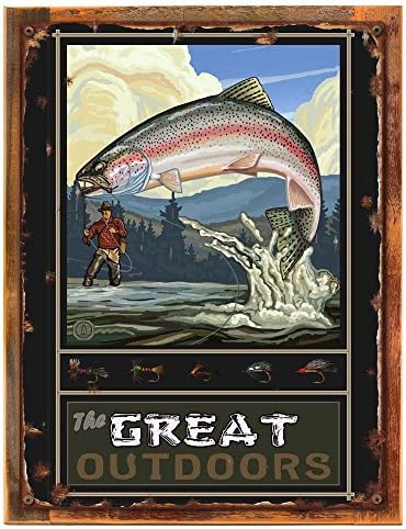 Wood-Framed Great Outdoors Metal Sign: Sportsman Decor Wall Accent for kitchen on reclaimed, rustic wood