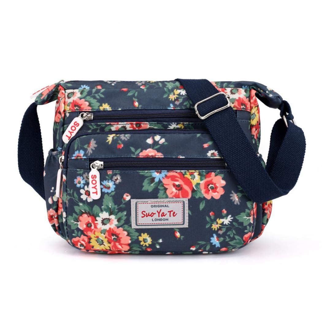 Womens Multi-Pocket Casual Crossbody Handbags Waterproof Flowral Printed Shoulder Nylon Bags Travel Messenger Bags (Floral-Blue)