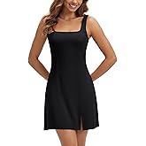 ODODOS Women's Front Slit Tank Dress with Separate Shorts and Built in Bra Cloud Feeling Square Neck Mini Tennis Dress