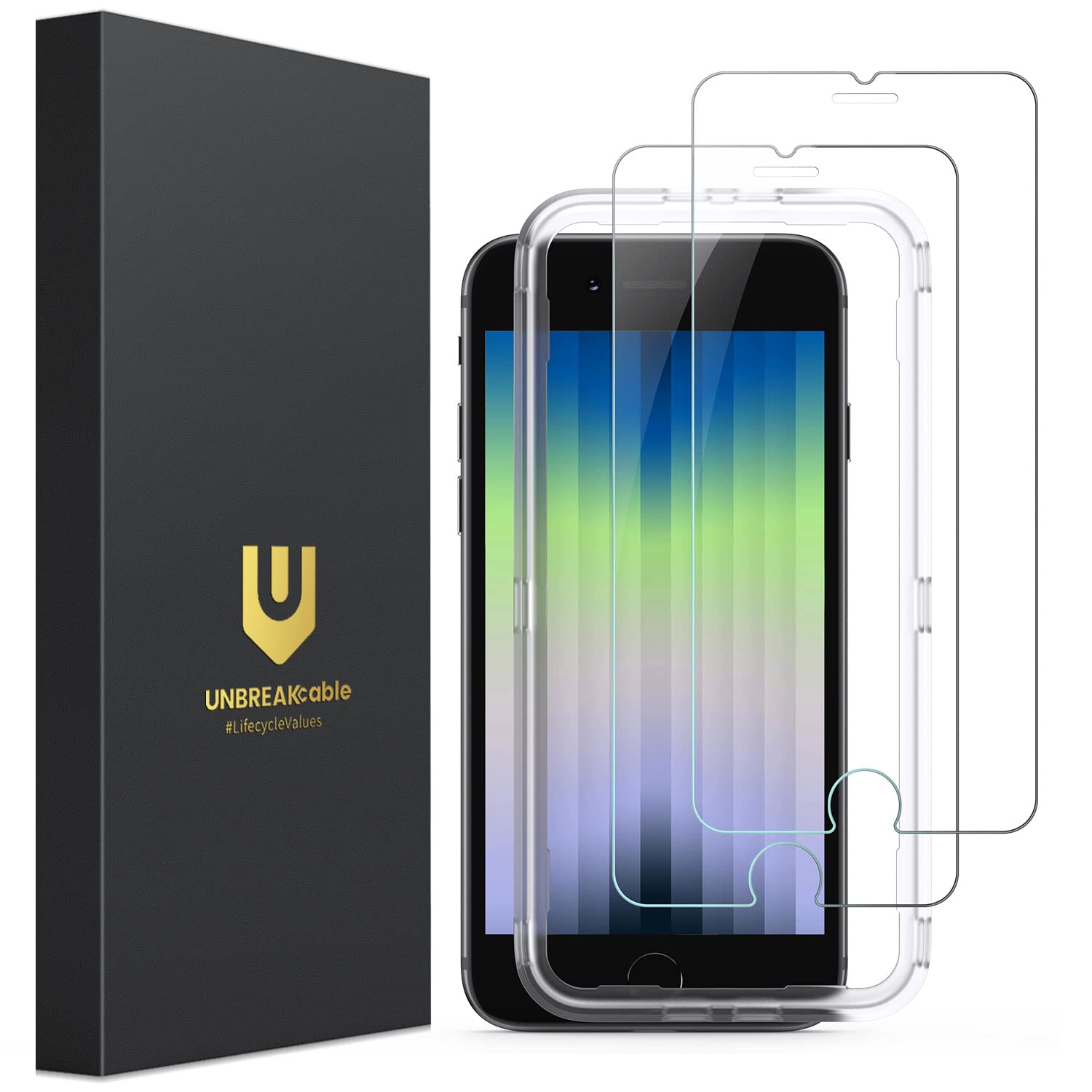 Photo 1 of UNBREAKcable 2-Pack Screen Protector for iPhone SE 2022 2020/8/7/6/6s, Tempered Glass [Easy Installation Frame] [9H Hardness] [99.99% HD Clear] for Apple iPhone SE 2022 2020/8/7/6/6s 4.7 inch