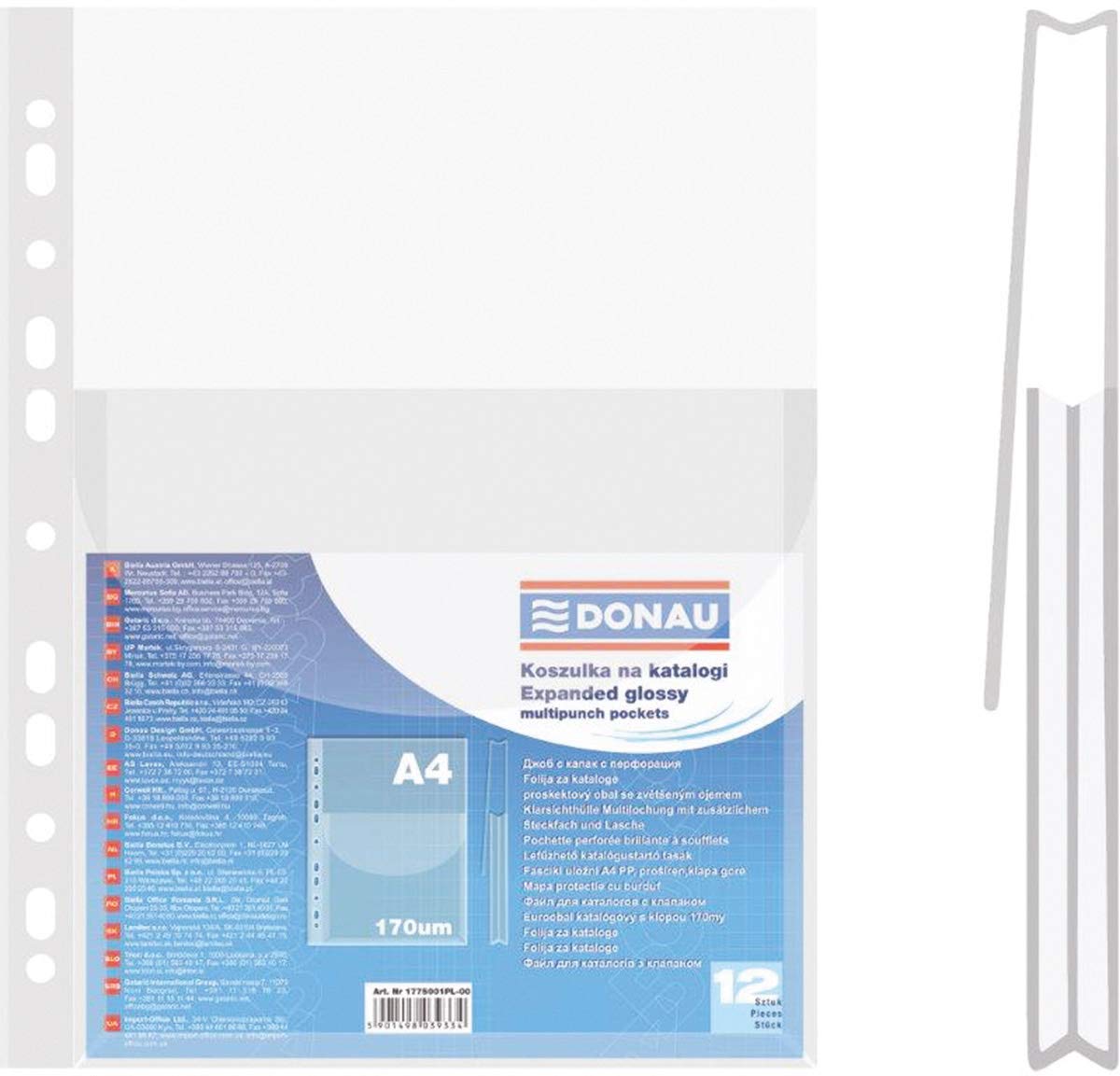 Catalogue Punched Pockets DONAU PP A4 Cristal 170 Micron/Document Archiving/Type-Crystalline/Kind-for Folders, Reinforced Edge/Material-PP/Colour-Transparent/Format-A4