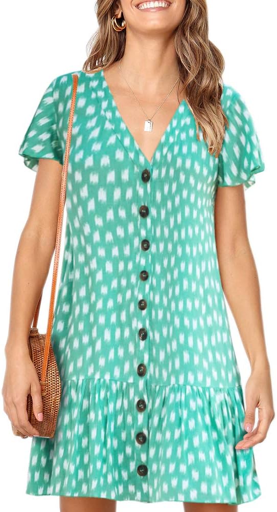 Imysty Womens Polka Dot V Neck Button Down Ruffles Loose Mini Short T-Shirt Dress