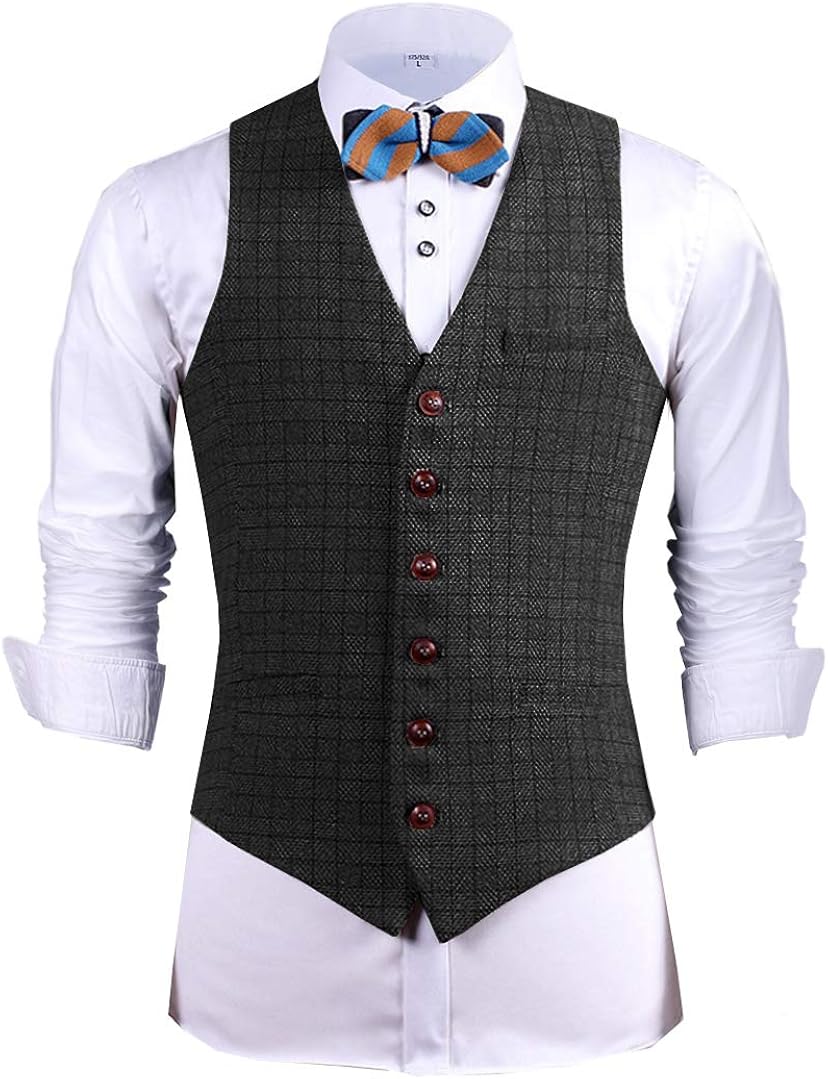 Men's Formal Plaid Vest Casual Notch Lapel Plaid Waistcoat for Wedding