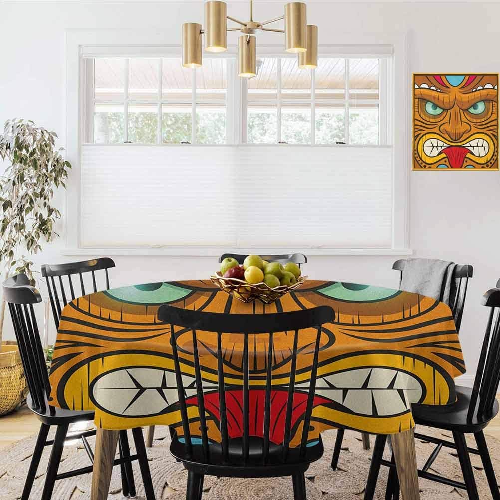 shirlyhome Tiki Bar Circular Table Cover Cartoon Style Angry Looking Tiki Warrior Mask Colorful Icon Totem Culture Print Textured Tablecloths Multicolor (Diameter 50")