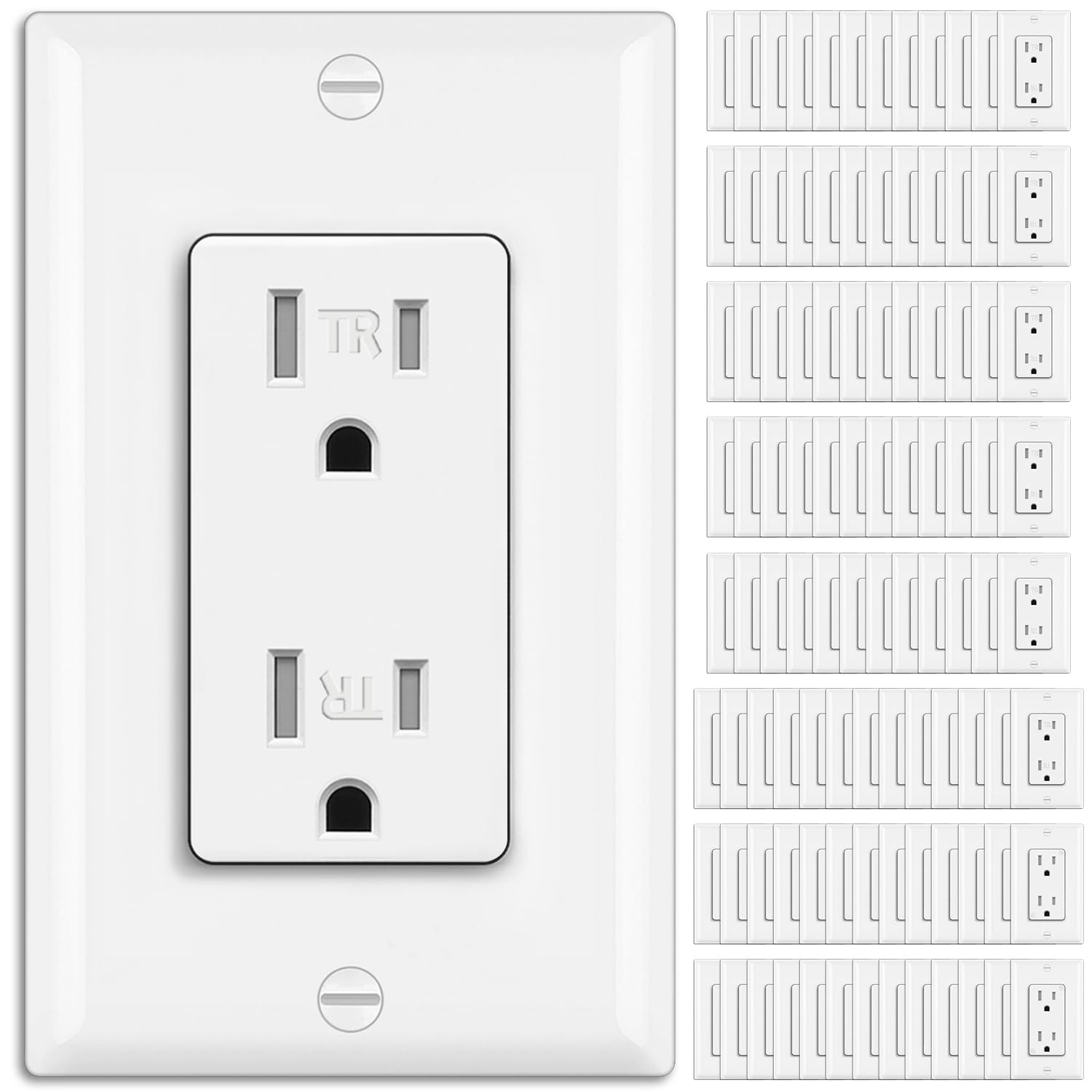 Photo 1 of BESTTEN 100 Pack 15 Amp Outlet, Decorator Receptacle Outlet, Standard Electrical Wall Outlet, Tamper Resistant, Residential and Commercial Use, Wallplate Included, 15A/125V/1875W, UL Listed, White