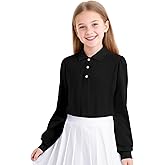 KEREDA Long Sleeve Uniform Shirts for Girls Cotton School Polo Shirts with Button for Kids