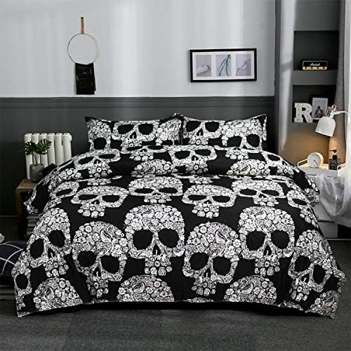 Seepong Black Bedding Set 100% Polyester Super King Size Duvet Cover Set 3 Pieces Flower Skull Duvet Set(1 Duvet Cover 260x220cm 2 Pillowcases 50x75cm)