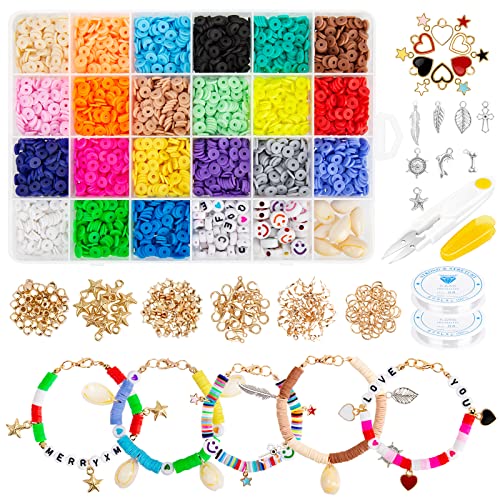 4524Pcs Clay Beads for Bracelets Making, 21 Colors 6mm Flat Round Polymer Clay Spacer Beads with A-Z Letter Beads Smiley Face Beads Pendant Charms Kit for Girls DIY Trendy Necklaces Jewelry Making