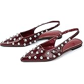 MELGONMG Women'S Leather Studded Slingback Flats Closed Pointed Toe Comfortable Non-Slip Low Chunky Heel Dress Sandals With Elastic Ankle Strap For Walking Shopping Party Y2K