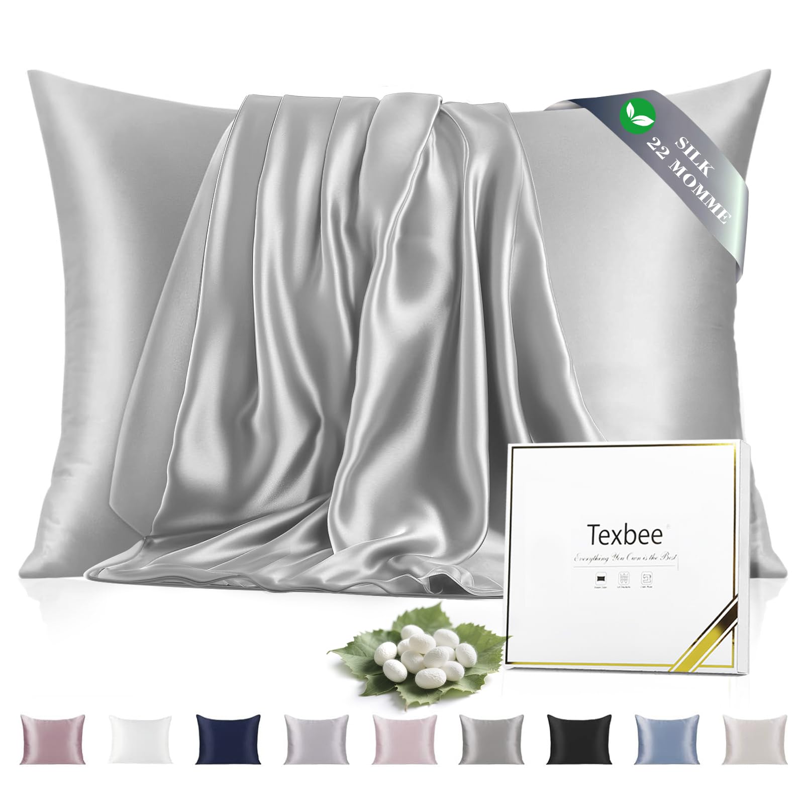 Texbee Silk Pillowcase, 22 Momme Mulberry Silk Pillowcases for Hair and Skin Health, Soft Smooth Breathable Cool Satin Pillow Case for Beauty Sleep, with Gift Box, 1pc (Queen 50x75 cm, Dark Grey)