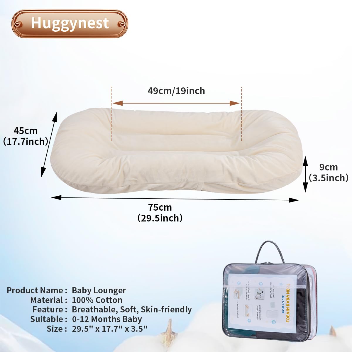 Huggynest Baby Lounger for Newborn, Portable Baby Nest for Infant 0-12 Months, Infant Floor Seats & Loungers for Home and Travel (White)