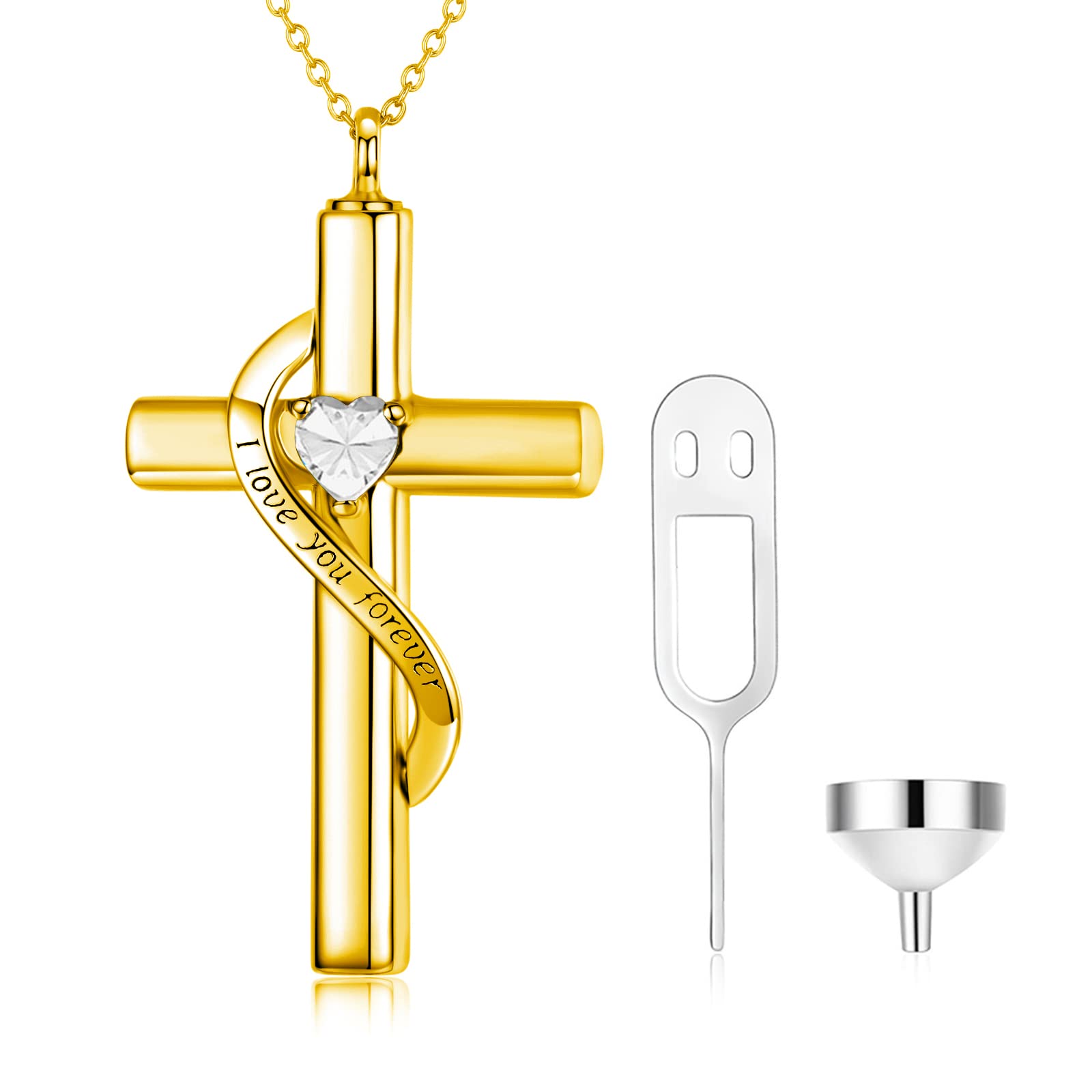 SOULMEET Crystal Cross Necklace for Ashes, Gold Plated Silver I Love You Forever Birthstone April Cross Urn Necklaces for Ashes Keepsake Cremation Jewelry for Pet Human Ashes