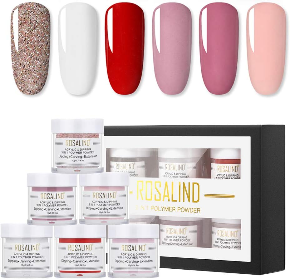 ROSALIND 3-in-1 Powder Starter Kits 6 Colors,Acrylic Nail Powder,Dipping Powder,Nail Extension Powder,Multifunctional Nail Art Powder