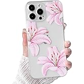 NITITOP Compatible with iPhone 13 Pro Max Case Clear Cute Pink Lily Blossom Floral Flowers Pattern for Girls Women Soft TPU Transparent Shockproof Protective Phone Cover - Flower