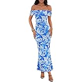 MEROKEETY Women's Spring Off Shoulder Floral Maxi Dress 2026 Summer Formal Beach Wedding Guest Cocktail Bodycon Dresses
