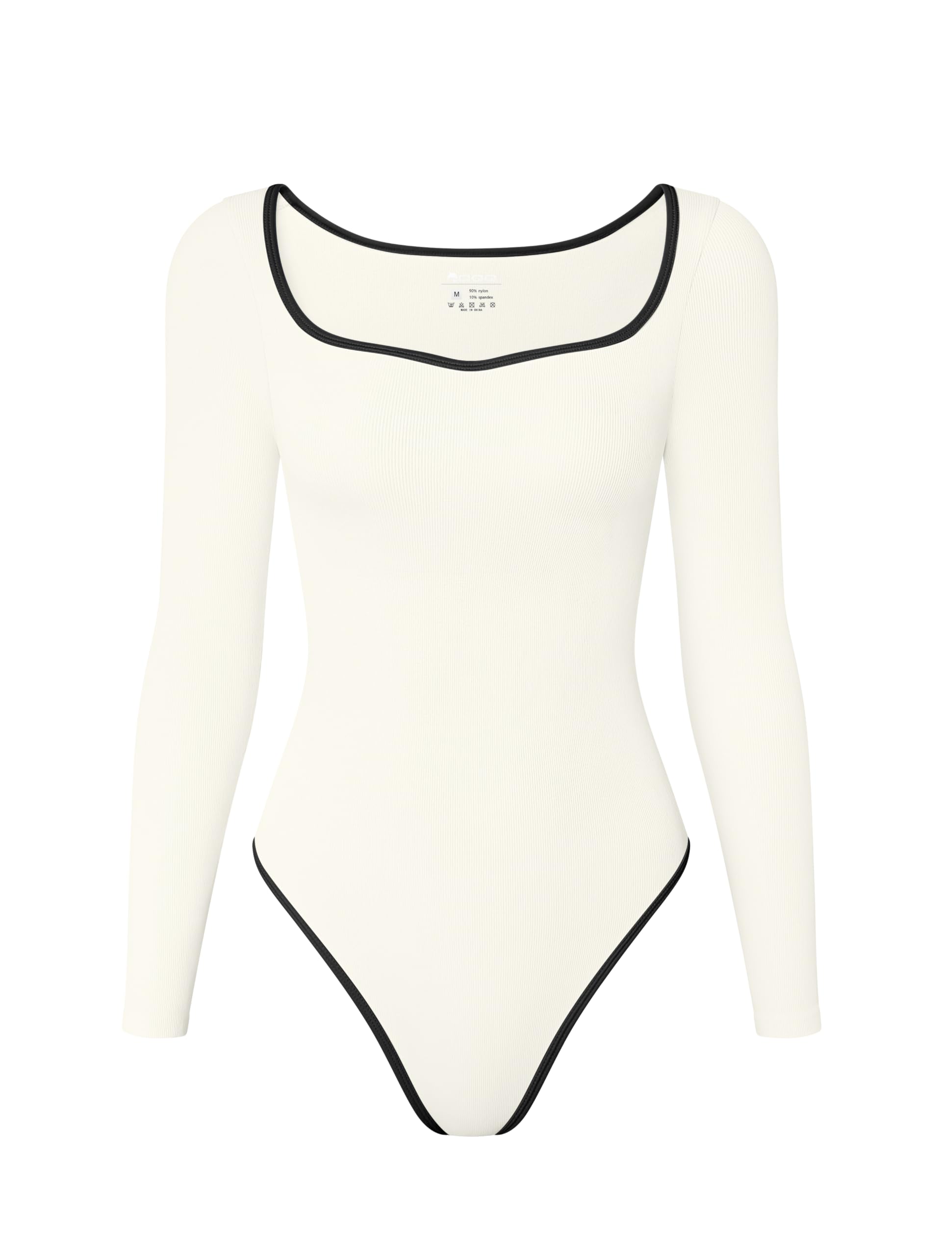 Photo 1 of OQQ Women Bodysuit Contrast-Trim Square Neck Long Sleeve Stretch Bodysuit Tops Beige SIZE SMALL
