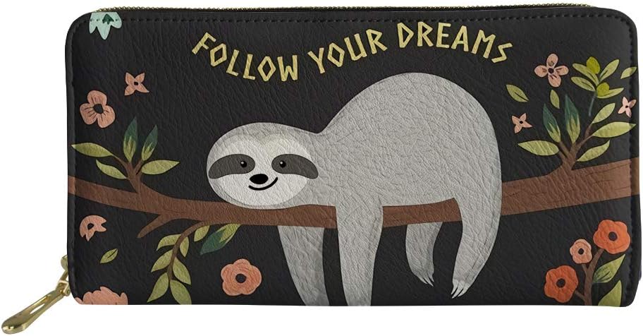 Coloranimal Cute Sloth Floral Gift Wallets PU Leather Long Clutch Bag Travel Passport Cash Phone Purse Card Holder Follow Your Dream Printed Tote Money Bag