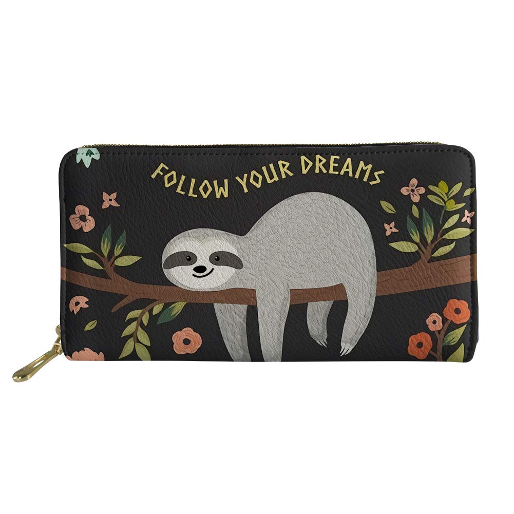 Coloranimal Cute Sloth Floral Gift Wallets PU Leather Long Clutch Bag Travel Passport Cash Phone Purse Card Holder Follow Your Dream Printed Tote Money Bag