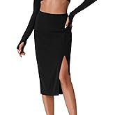 Vrtige Women's High Waist Stretchy Slit Slit Hem Ribbed Knit Bodycon Pencil Midi Skirt