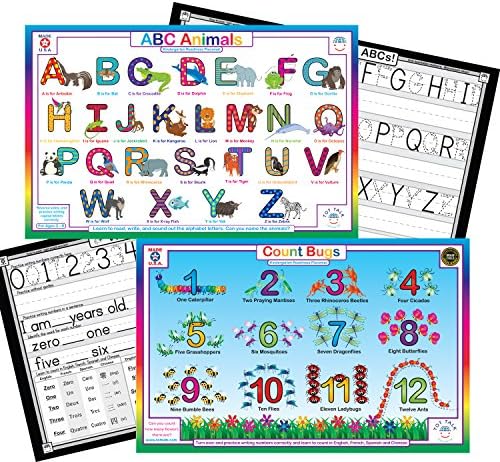 Tot Talk Alphabet, Numbers, Markers Bundle- Kids Educational Set of 2 Placemats & Dry Erase Markers- Reversible Activities- Write Uppercase ABCs- Waterproof, Washable, Wipeable, Durable, USA-Made