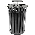 Global Industrial 36 Gallon Outdoor Metal Slatted Trash Receptacle with Rain Bonnet Lid, Black