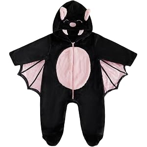 Lamuusaa Newborn Baby Girl Boy Halloween Bat Costume Fleece Hooded Footie Romper with Wings Zipper Jumpsuit Cosplay Outfit